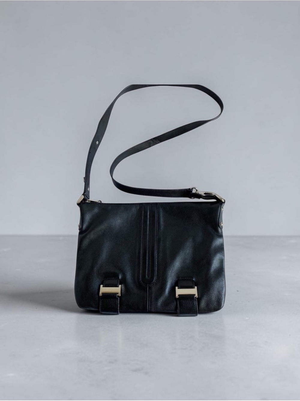 Perlina New York Black Leather Crossbody Shoulder Hand Bag.